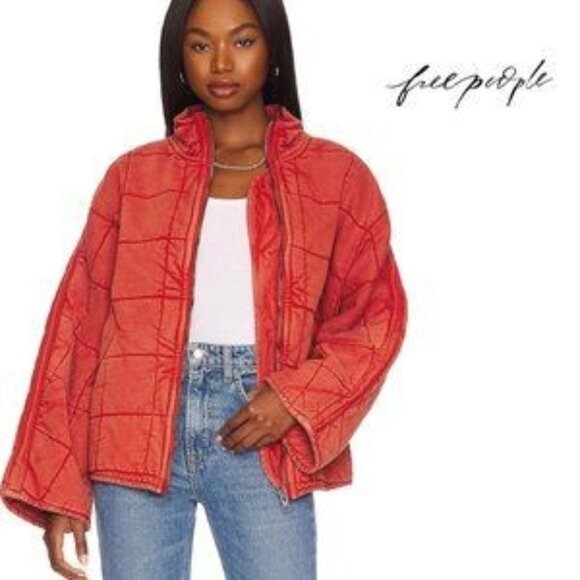 Free People Jackets & Blazers - Free People Dolman Sleeve Quilted Knit Jacket Rust Zip Front Long Wide Sleeves S